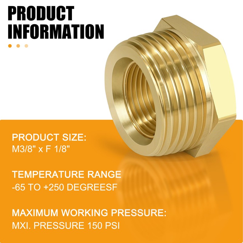 Brass Reducer, 3/8 Inch Male Thread x 1/8 Inch Female