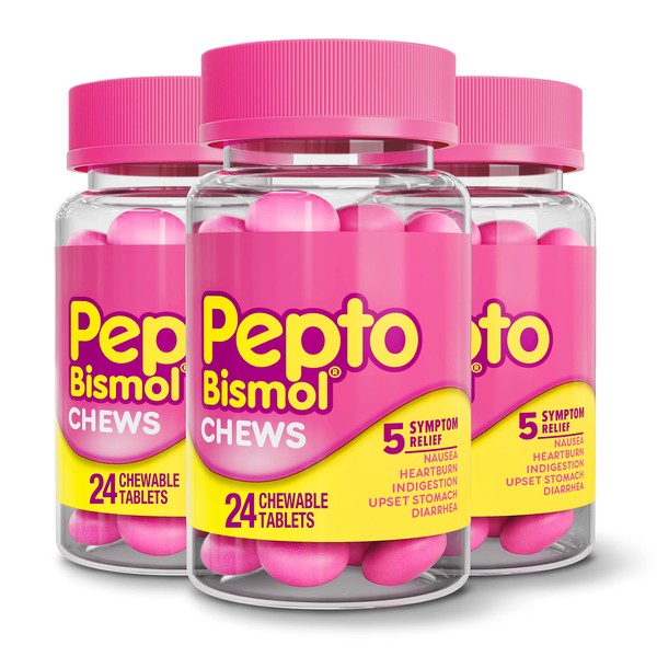 Pepto Bismol Chews, Fast and Effective Digestive Relief from Nausea, Heartburn, Indigestion, Upset Stomach, Diarrhea, 24 Chewable Tablets x 3, 72 Total (Packaging May Vary)