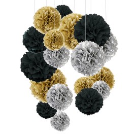 Tissue Paper Pom Poms, Cocodeko Paper Flower Ball for Birthday Party Wedding Baby Shower Bridal Shower Festival Decorations 18 Pcs - Black, Gold and Silver