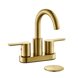 TimeArrow Brushed Gold 2 Handle Centerset Bathroom Sink Faucet with Drain Assembly, High Arc Modern 4 Inch Bathroom Vanity Lavatory Faucet 3 Holes with Brass 360° Swivel Spout, TAF067E-PB