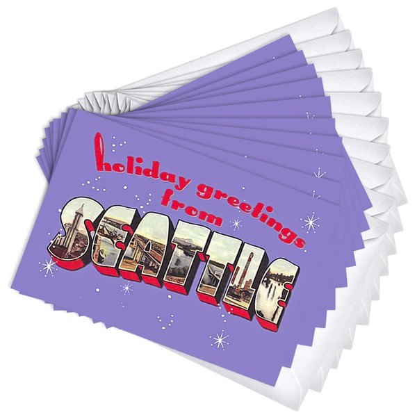 Wright Home & Gift Seattle Skyline Holiday Christmas Greeting Cards | 10 Pack Bulk Set + 10 Envelopes (4x6)