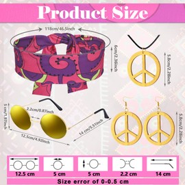 Haull 7 Pcs 60s 70s Disco Hippie Outfits for Women Halloween Costume Set Boho Flared Pants Fringe Vest Peace Sign(Exotic,X-Large)