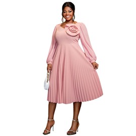 AOMEI Women's Pink Chiffon Long Sleeve with Flower Pleated Elegant Midi Dress (2XL,2X)