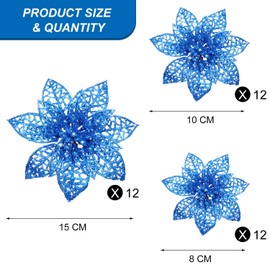36 Pieces Christmas Glitter Poinsettia Flowers Artificial Flowers Wedding Glitter Christmas Tree New Year Ornaments (Blue)