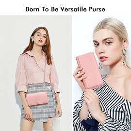 Women Crossbody Wallet Purse, RFID Card Holder Wristlet Clutch 2 Straps, A-pink, Small