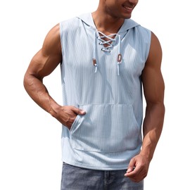 Ribbed Tank Top Men Sleeveless Hooded Cutoff Shirts with Pocket Texture Striped Hoodies Tank Tops Vest Muscle Shirt for Gym Workout Fitness Running Holiday Beach Vacation Ready Outfits Light Blue XL