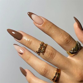 IMSOHOT Almond Press on Nails Medium French Tips Fake Nails Brown Fall Glossy False Nails Full Cover Glue on Nails Acrylic Stiletto Nails for Women for Women 24 pcs