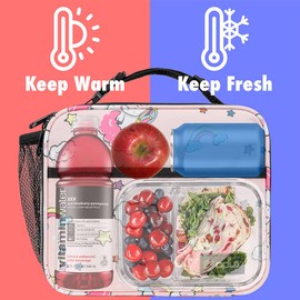 OPUX Insulated Lunch Bag Kids, Lunch Box for School Boy Girl, Leakproof Small Reusable Compact Soft Mini Cooler Bag, Toddler Small Lunch Boxes Kit Pail with Front Side Pockets (Pink Unicorn)