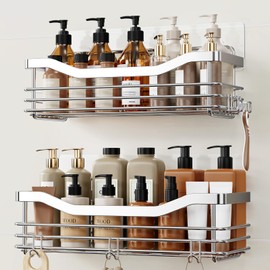 Orimade Shower Caddy Basket Shelf with 5 Hooks Adhesive Organizer Storage Rack Rustproof Wall Mounted Stainless Steel No Drilling for Bathroom, Toilet, Kitchen - 2 Pack