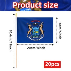 Pack of 20, Handheld Michigan Flags 5x8 Inch - Small State of Michigan MI Flags on Wood Sticks with Spear Top, Mini Michigander Flag for Elections, Patriotic Decorations, Independence Day Celebration