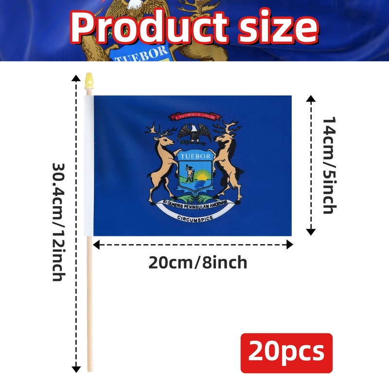 Pack of 20, Handheld Michigan Flags 5x8 Inch - Small
