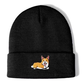 Muorruo Knitted Hat with Turn-Up Brim and Corgi Embroidery, Warm Winter Hat with Cuff, Cosy Ski Hat for Men and Women, Winter House Hat for Corgi Lovers