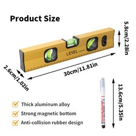 30 cm spirit level, spirit level, strong magnetic on the bottom, spirit level with 3 vials at 45°, 90° and 180°, contains 2 black markers with long tip