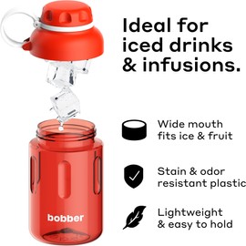 BOBBER 20 oz Tritan Water Bottle with Strainer Mesh, Premium Quality — Dishwasher Safe & Leak Proof, BPA Free Sports Water Bottle for Gym — Hard Plastic Water Bottle for Men, Women (Red)
