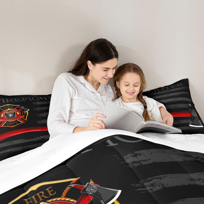 Firefighter Comforter Set Queen Size,American Flag Geometric Stripes Bedding Set,Boys