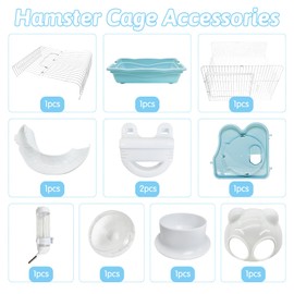 PINVNBY Dwarf Hamster Cage, Small Animal Cages, 2-Tier Travel Portable Mouse Cage Hamster Carrier with Castle House Running Exercise Wheels, Water Bottle and Food Dis（Blue）