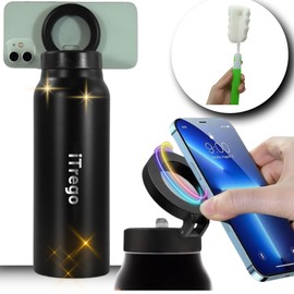 iTrego Water Bottle with Magnetic Phone Holder Lid - Insulated Stainless Steel Mag-safe Water Bottle with Phone Holder Magnet for Gym, Car, Travel & Sports - Hot & Cold (Black, 24 Oz)