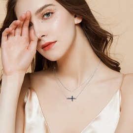 HUKKUN Layered Cross Necklace for Women Sterling Silver Small Abalone Shell Sideway Cross Necklace Cross Jewellery Gift for Women, Sterling Silver, No Gemstone