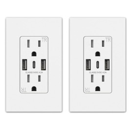 ELEGRP USB Wall Outlets, 3-Ports USB C Wall Outlets Receptacles, Matte White 15 Amp Outlets with USB Ports, Tamper-Resistant USB Outlets, Screwless Wall Plate Included, UL & CUL Listed, 2 Pack
