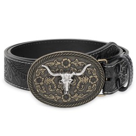 WHIPPY Mens Cowboy Belt Western Belts for Men Women with Engraved Floral Bull Head Buckle Western Leather Buckle Belt for Jeans,Black-Silver 42 Inches