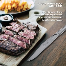 Laguiole - Juego de Cuchillos para Carne (6) - Hoja Lisa (No Aserrada) - Mango de Acero Inoxidable - Caja de Regalo
