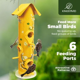 Kingsyard - Comedero de metal para pájaros para colgar al aire última intervensión, comedero de pájaros de tubo de 6 puertos, 14 pulgadas, duradero y resistente a la intemperie, gran capacidad para atraer aves silvestres (amarillo)