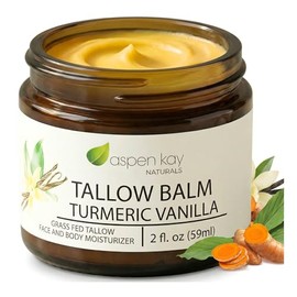 Aspen Kay Naturals Handmade Grass Fed Beef Tallow Balm with Turmeric and Vitamin C for Face and Body, Organic Vanilla Turmeric Skin Moisturizer for Du