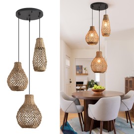LHJIHFU 3-Lights Hand Woven Rattan Pendant Light, Rustic Ceiling Hanging Wicker Pendant Light Fixture for Kitchen Island Dining Room Farmhouse