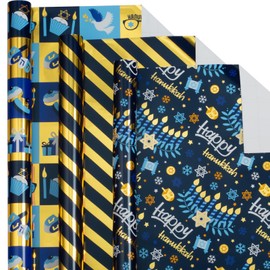 Afucus Hanukkah Wrapping Paper, 3 Mini Rolls, Menorahs, Star of David, candles, Gift Wrapping Paper Rolls for Hanukkah, Christmas, Parties, Birthdays, Weddings, Holidays (17 Inch X 120 Inch)