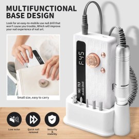 Portable Rechargeable 45000RPM Electric Nail Drill Kit with 11 Bits & LED Screen Ultra-Silent and Base Includedcolor: White Color