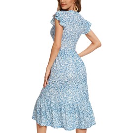 YIOYOLA Floral Beach Dress with Pockets Ruffle Sleeves Summer Boho Dresses for Teens 2025 Womens Sundresses Midi Length for Wedding Guest(YYL329-Blue White F 02,S)
