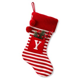 CRSMHLPK 20 Inches Initial Christmas Stocking Monogram Striped Christmas Stocking red Green with White Embroidered Letter Christmas decorations-01-Y-Red