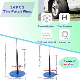 Tire Repair Patch Tool Kit, 24pcs Tire Patch Plugs,Tungsten Buffing Wheel, Inner Liner Scraper,Patch Roller and 4pcs 2.2Bar 32-to-35 PSI Car Tire Pressure Monitor for Cars, Motorcycles, Bicycles