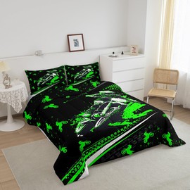 Dirt Bike Comforter Set Full Size Kids Racing Motocross Rider Comforter for Boys Teens Extreme Sports Bedding Set Breathable Green Black Duvet Set Room Decor Motorcycle Quilt Set