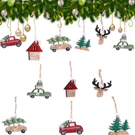 Pack of 12 Wooden Christmas Tree Decorations Pendants, Wooden Christmas Pendants for Bedrooms, Living Rooms, Offices, Shop Windows, Cafés, Restaurants (3 Colours)