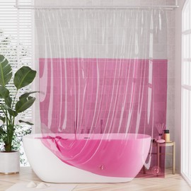 AmazerBath 100% EVA Shower Curtain Liner, 72 x 72 Inches Heavy Duty Shower Curtain and Liner 2-in-1 with 3 Clear Stones and 12 Brass Grommets, Color Block Soft Shower Liner - Clear & Bright Pink