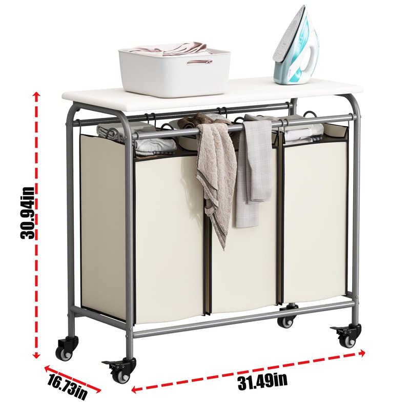 LINZINAR 3 Bag Laundry Basket Sorter Heavy Duty Rolling Lockable