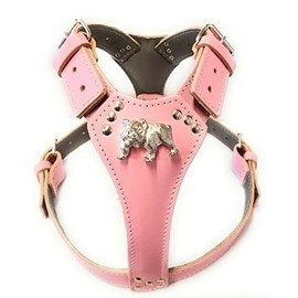 Beautiful Baby Pink Leather Dog Harness with English Bulldog Head Motif (Silver Fittings)
