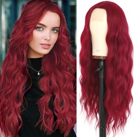 EVLYNN Red Wig Long Wavy Burgundy Wigs for Women Long Curly Wine Red Wig Loose Wave Red Synthetic Lace Front Wig for Daily Party Use 24 Inch