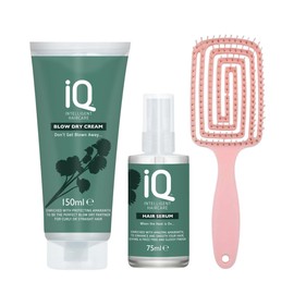 IQ Haircare Essentials - IQ Hair Serum (75ml) for Nourishing Hydration, IQ Intelligent Blow Dry Cream (150ml) for Professional-Grade Styling, and a Detangling Hair Brush for Smooth, Tangle-Free Hair