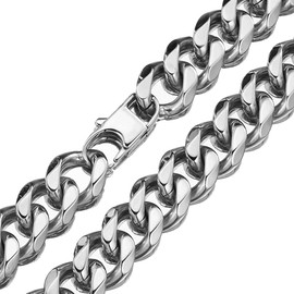 WXP Men's Curb Cuban Link Chain Necklace with Flat Clasp Hip Hop Stainless Steel Jewelry 11mm/15mm 16inch-30inch (15mm,24inch)