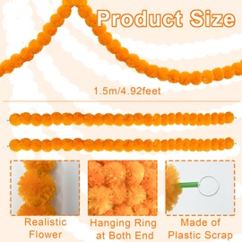 YIAJIA 2 Pack Marigold Garlands, Diwali Flower Decorations, Artificial Marigold Flower Garland for Wedding Party Diwali Lights Theme Decoration Photo Prop Backdrops (5ft Long Per Pack)