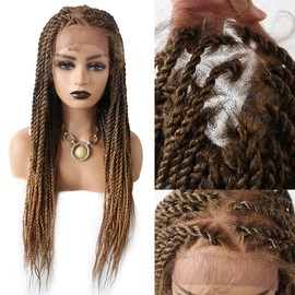 Braided Wigs For Black Women Cornrow Box Hand Braided 4 3/4"x12 1/2" Swiss Lace Front with Baby Hair Micro Braiding Wig Synthetic Afro American Women Braids Wigs (1B-27T#-#Black/KhakiT)