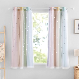 NICETOWN - Cortinas opacas de 2 paneles para habitación de niños y niñas, sala de estar, coloridas de doble capa con corte de estrella, diseño de rayas, arcoíris, decoración del hogar, 34 x 63