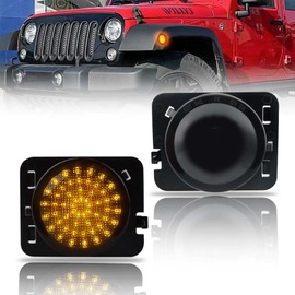 OFFKAT Front Fender LED Side Marker Lights for 2007-2019 Je-ep Wrangler JK, JK Smoked Lens Side Bumper Marker Lamps, [Ultra-Bright] Amber LED Side Markers Turn Signal Lights, 2 PCS