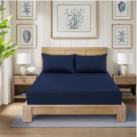 CHARKHAH Polycotton Fitted Sheet for Single Double King Super King Bed 200 Thread Count Anti Wrinkle Plain Bedding 25 cm Extra Deep Fitted Sheets Cover with Elastic Edges (Navy-Blue, Single)