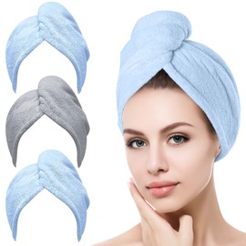 Toalla Microfibra para Cabello 3 Pack, Toalla de Cabello Seco con Botones, Gorro de Baño Ultra Absorbente de Agua, Secado de Pelo Súper Rápido, Turbante Suave Anti-Frizz para Mujer(Azul Gris Azul)