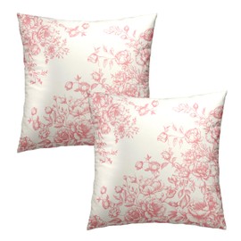 Mweet Pink Floral Throw Pillow Covers 18x18 Set of 2, Vintage Flowers Leaves Spring Summer Square Pillowcases Cotton Cushion Cover for Couch Sofa Living Room Bedroom Home Decor