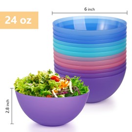 yarlung 20 Pack 24 Oz Plastic Salad Bowls, 6 Inch Snack Bowls Lightweight Cereal Bowls Set for Pasta, Soup, Rice, Clear 4 Colors