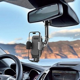 Quyee Soporte de teléfono para coche, espejo retrovisor, soporte de teléfono de aleación de aluminio, ajuste multiángulo, giratorio y retráctil, compatible con todos los teléfonos móviles